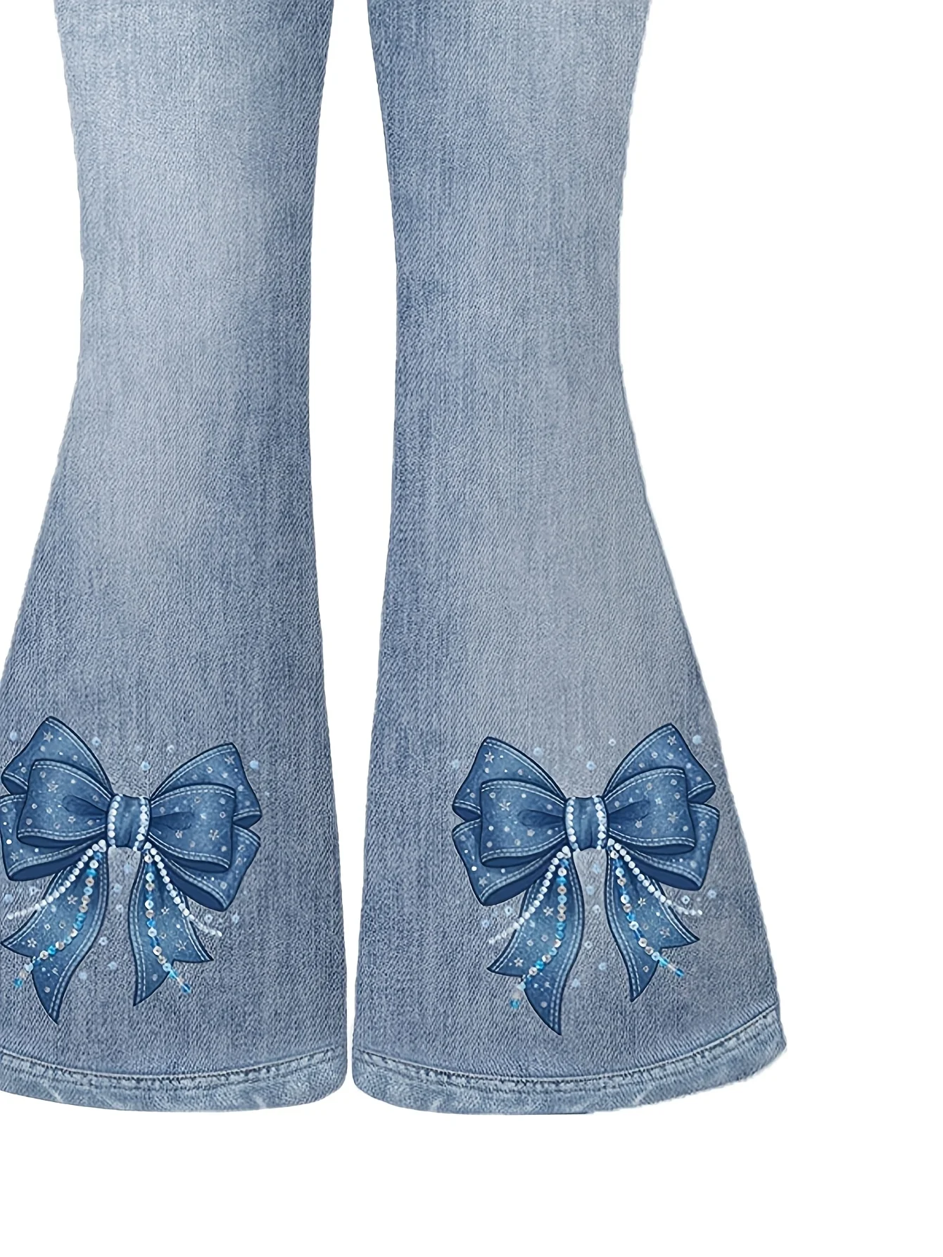 2-teiliges Set für Mädchen: Kurzarm-T-Shirt mit Schleifenverzierung und Faux-Denim-Print (Rundhalsausschnitt) und Schlaghose mit elastischem Bund – schlicht, St. – Detail 5