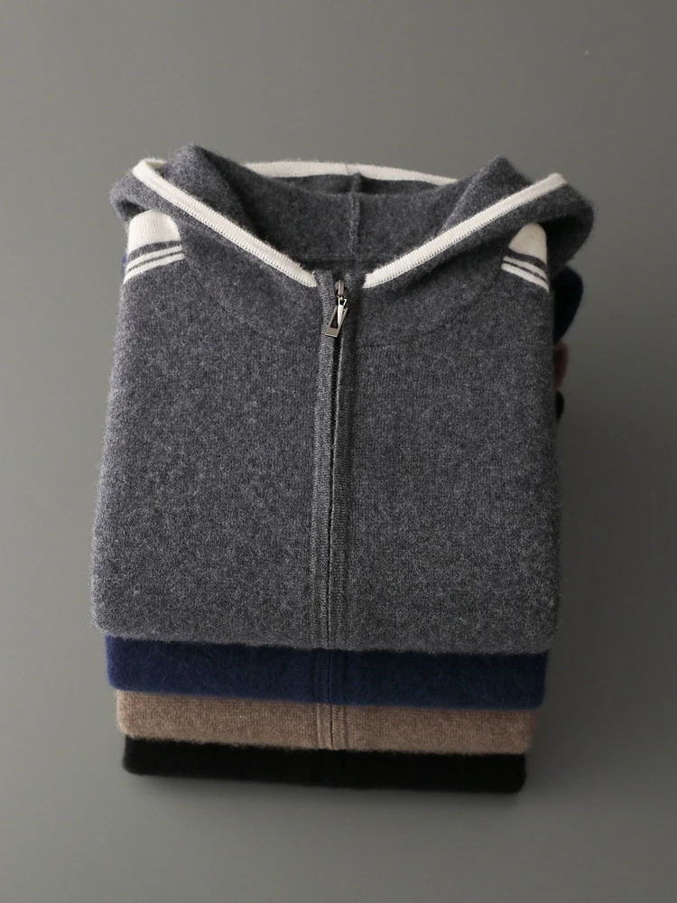 Men Autumn Winter 100% Pure Wool Sweater Hooded Full Zip Cardigan Knit Jacket Casual Knit Top