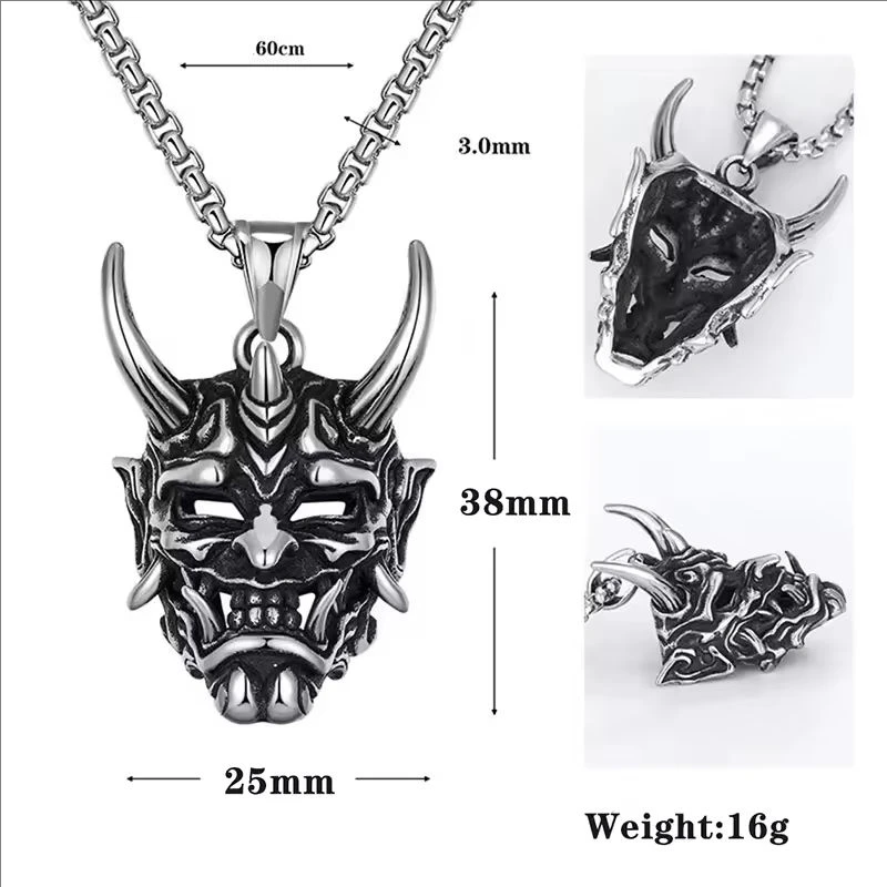 Vintage Punk Demon Mask Samurai Ghost Pendant Necklace Long Chain Hip Hop Rock Party Necklace Accessories Charms Gift for Boys