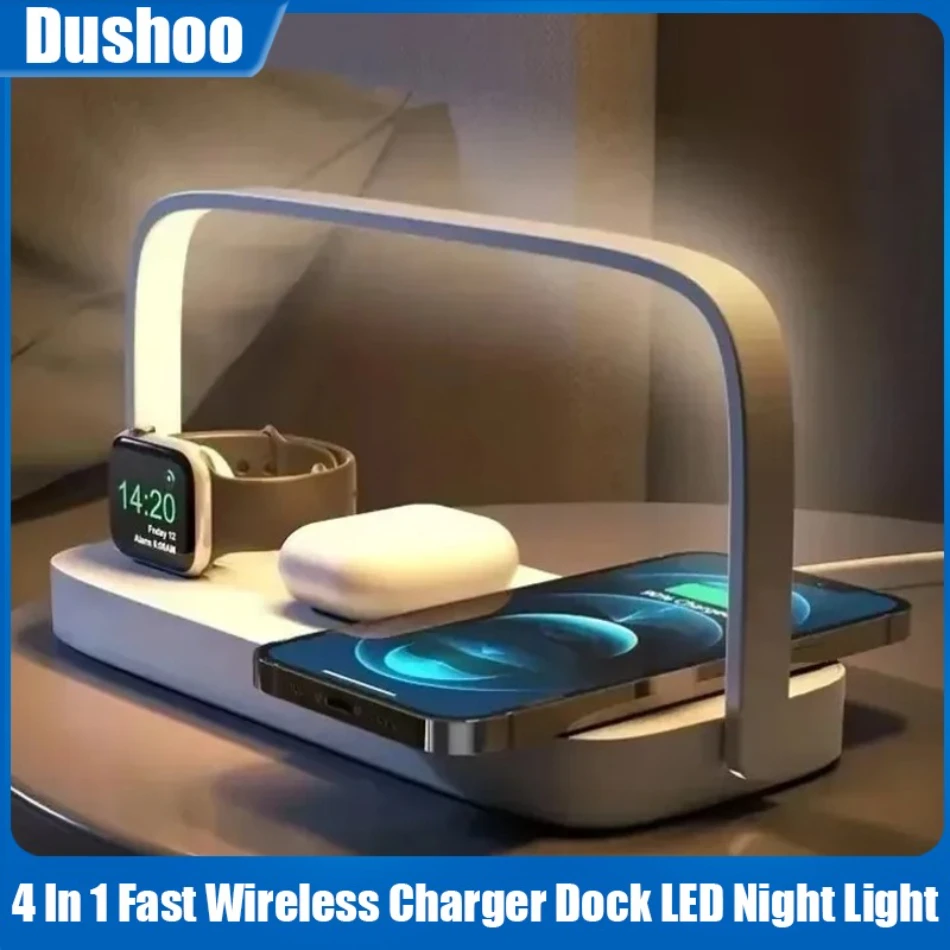 4 In 1 Fast Wireless Charger Stand Led Night Light Bedroom Lamp Phone Charging Station Dock For iPhone iWatch 2-10 SE Airpods *