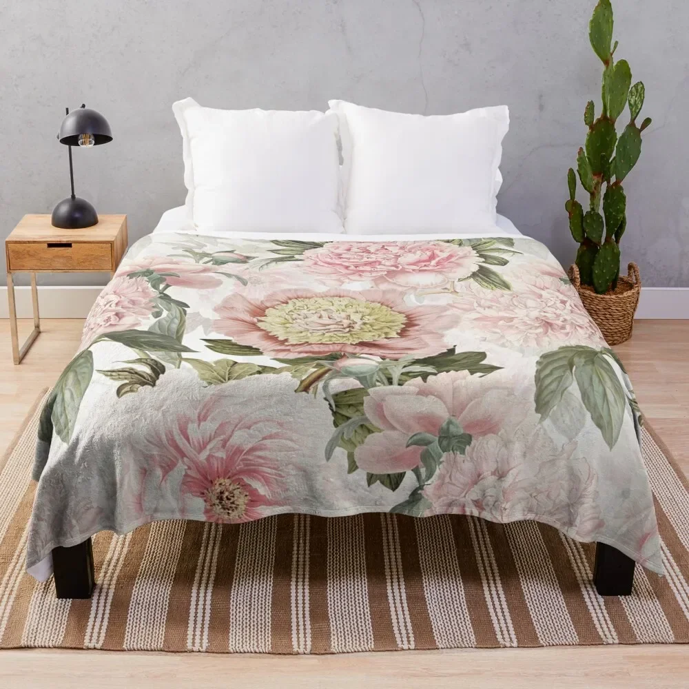 

Vintage Botanical Blush Peony Flowers Pattern Throw Blanket Camping Thermals For Travel Luxury Designer Single Blankets