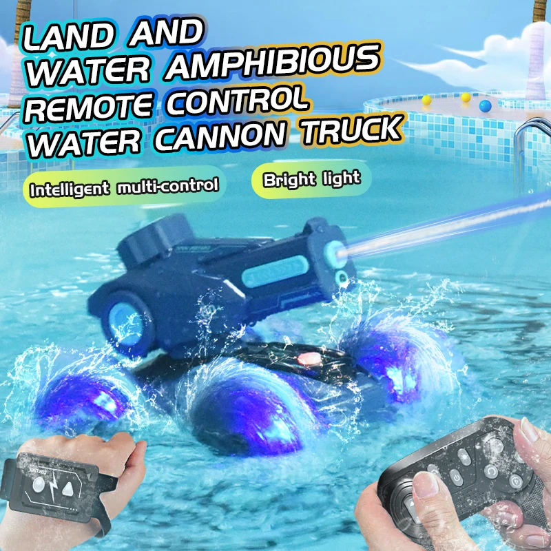 Carro de controle remoto anfíbio infantil, tanque, navio pode lançar spray de água, pistola de sucção de água automática, brinquedo de carro com sensor de obura