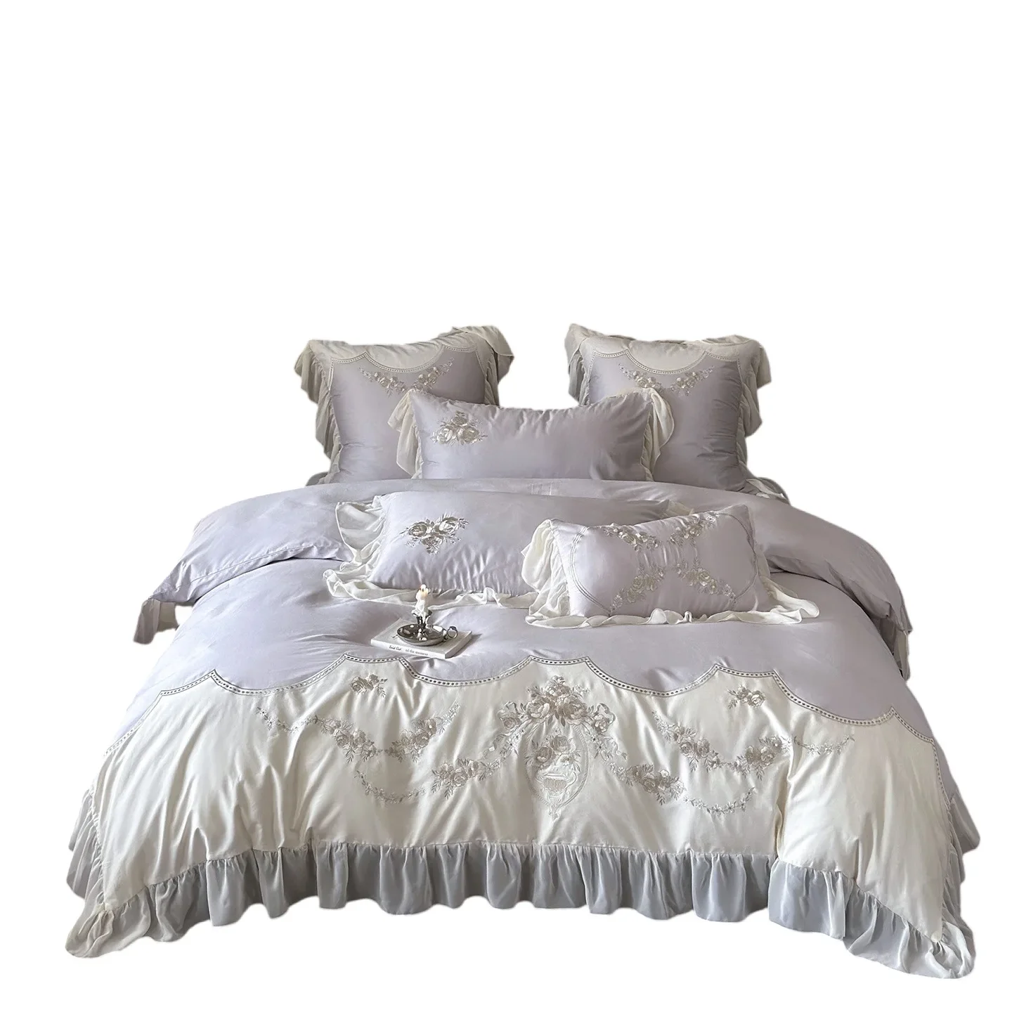 French Princess 100S long-staple cotton nude sleeping bedding four-piece set, pure cotton embroidered lace duvet cover sheets