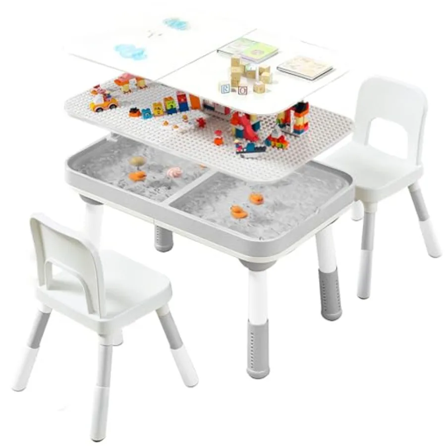 

Набор стола и стульев 5-в-1 с функцией хранения, регулируемый по высоте, для малышей: стол и 2 стула для конструктора, рисования, чтения, еды