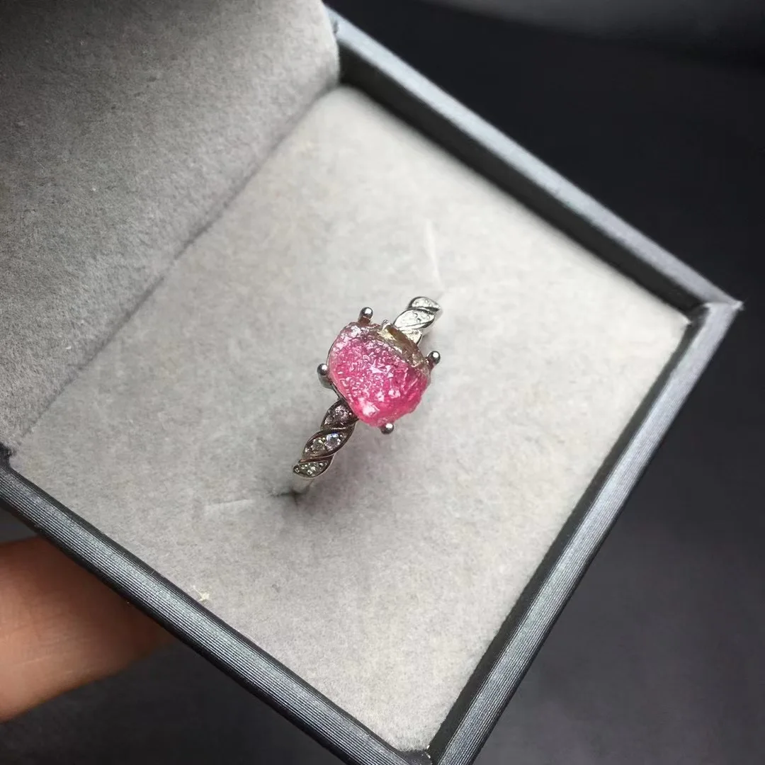1 Pc Fengbaowu Natural Watermelon Tourmaline Ring 925 Sterling Silver Resizable Reiki Healing Stone Fashion Jewelry Gift Women