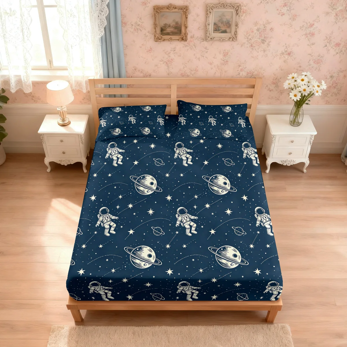3pcs Cartoon Astronaut Printed Coreless Bed Sheet Set, Multi Size Soft Bed Cover, Bedroom Bedding Decoration, Washable