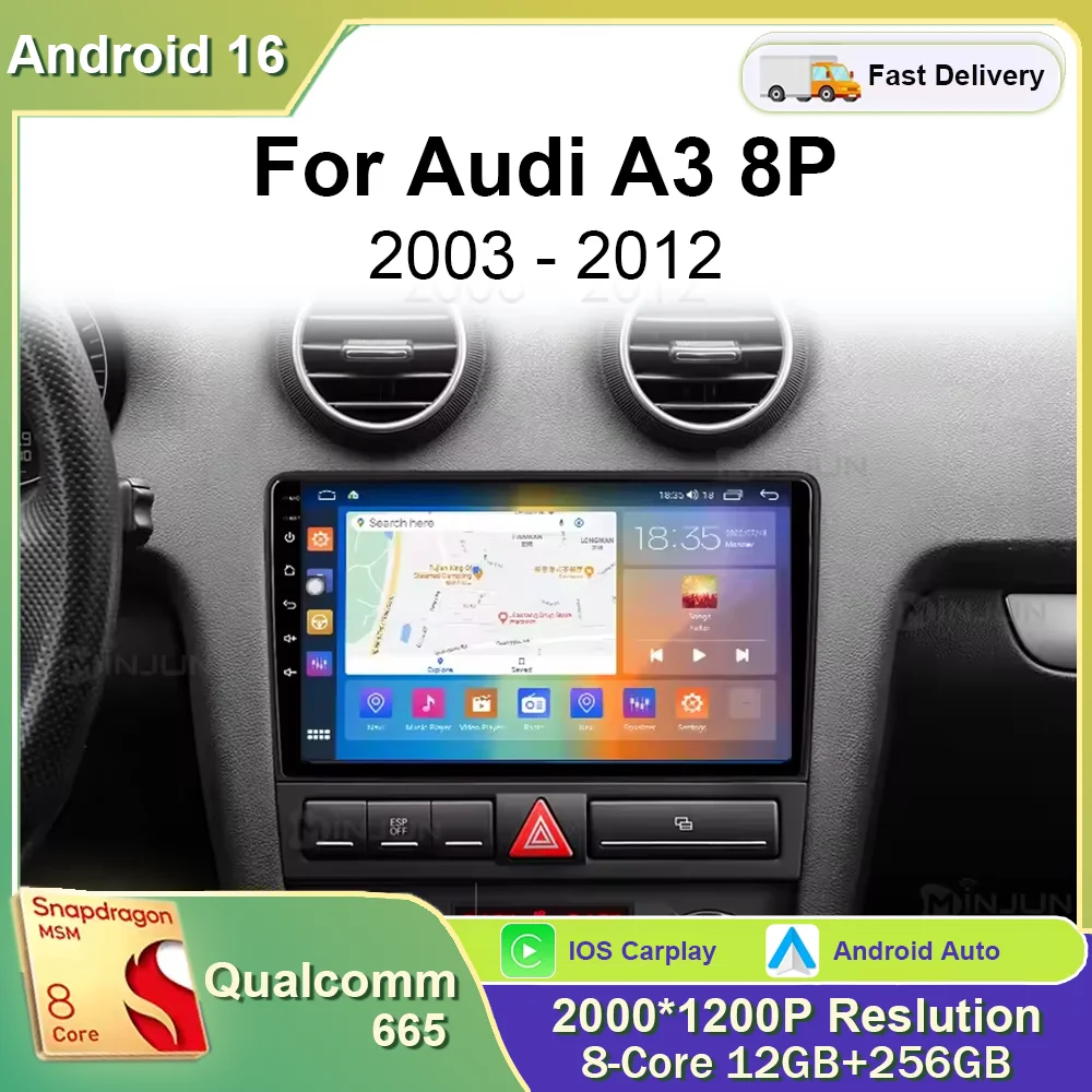 Android 16 para Audi RS3 A3 8P S3 2003 - 2012 Carplay Auto rádio GPS Navegação Bluetooth Wifi 2din Reprodutor de Rádio Automotivo Multimídia
