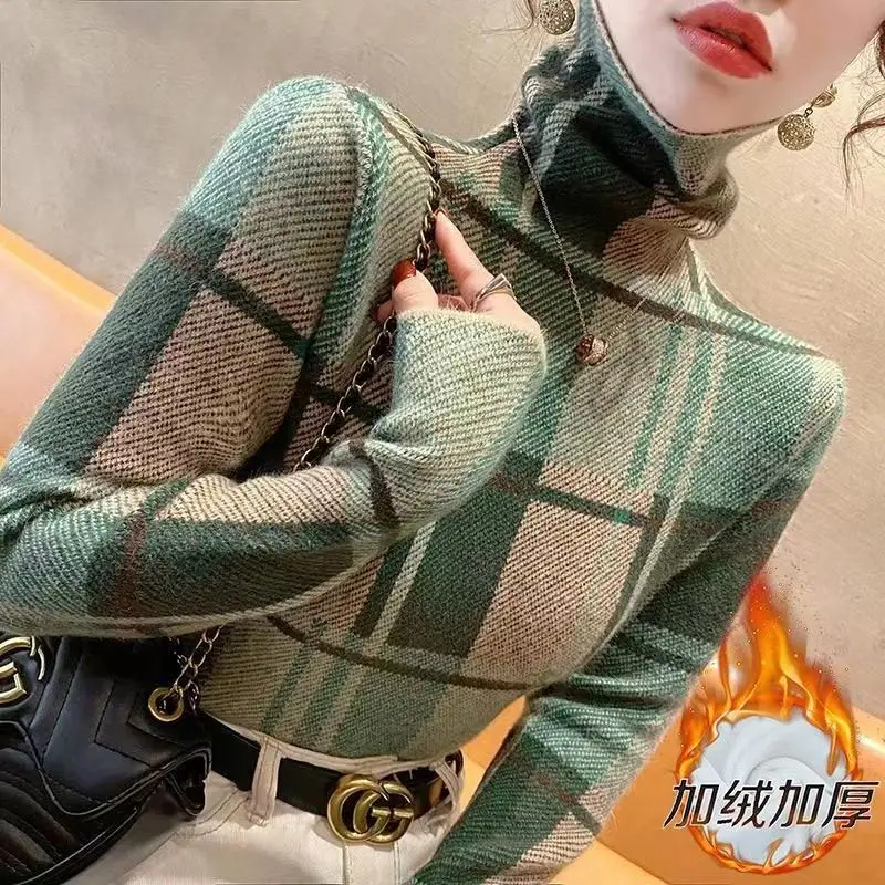 High Neck German Velvet Women's Base Shirt with Stylish Plaid Slim Fit Light Luxury Can Be Worn on the Inside or Outside