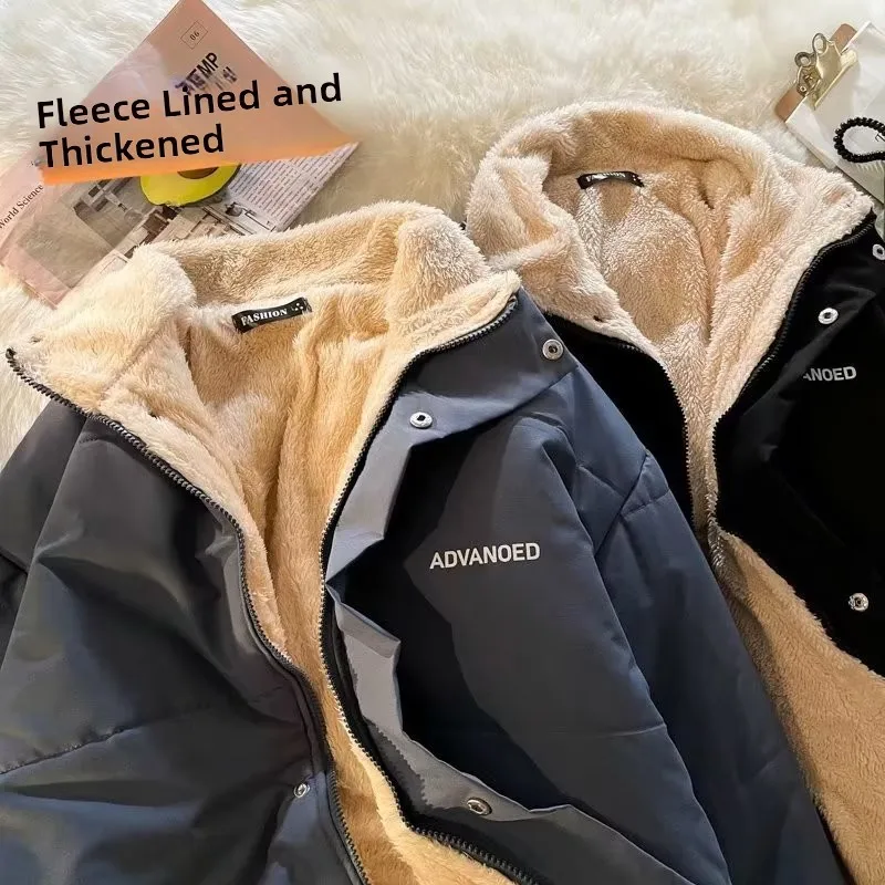 

Lamb Velvet Thiened Cotton Jaet Men's Loose Warm Stand Collar Winter Coat Couple's BF Hong Kong Sle Zipper Closure Cott...