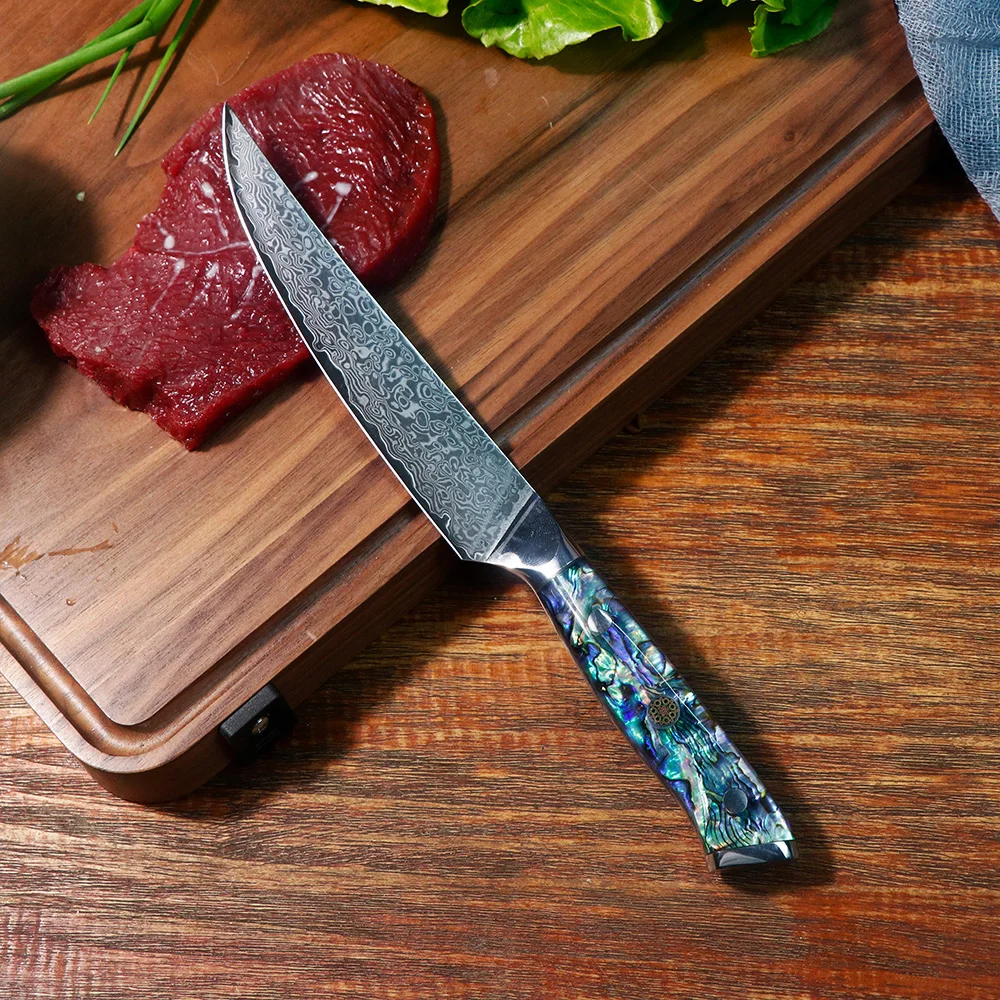 JUMCSONG 5.5-inch Steak Knife, Super Damascus Steel 10Cr15CoMoV Core, Sigh Hardness Kitchen Knife, Abalone Shell Handle