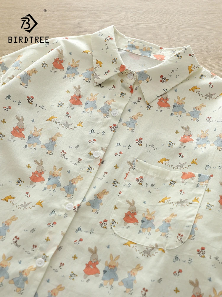 New Spring Cotton Rabbit Printed Shirt Women Lapel Short Sleeve Sweet Tops Girl Age Reduction Loose Blouses 2024 Autumn T44643QC