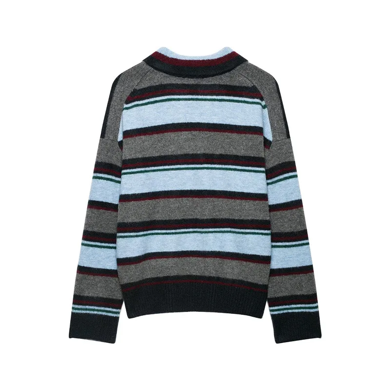 NINE ZAR Women's Loose Long Sleeve Knitted Shirt V-Neck Wide Stripes Fashionable European Style Winter 2026 Casual Top