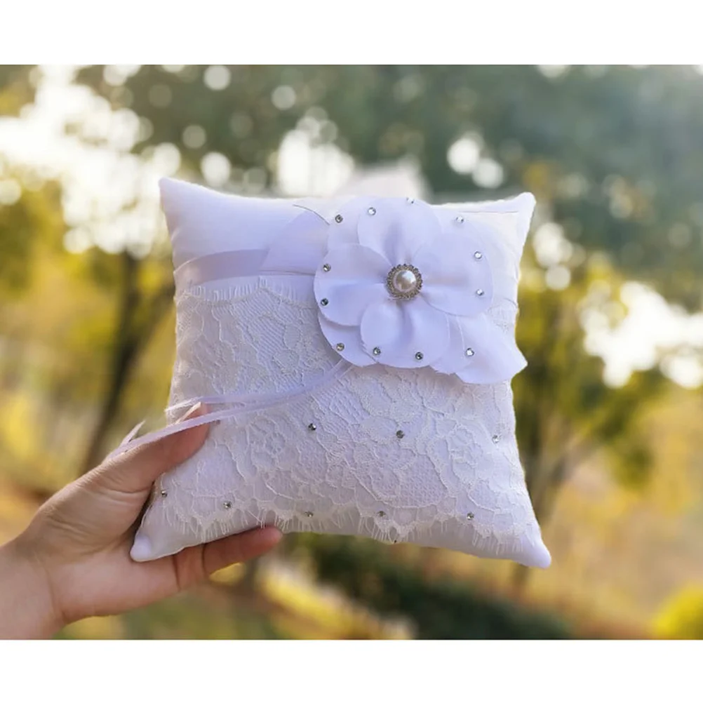 

Ivory Wedding Ring Pillow Lace Flower Pearl Crystal Decorated Compact Lightweight Elegant for Ring Bearer Wedding Ceremony
