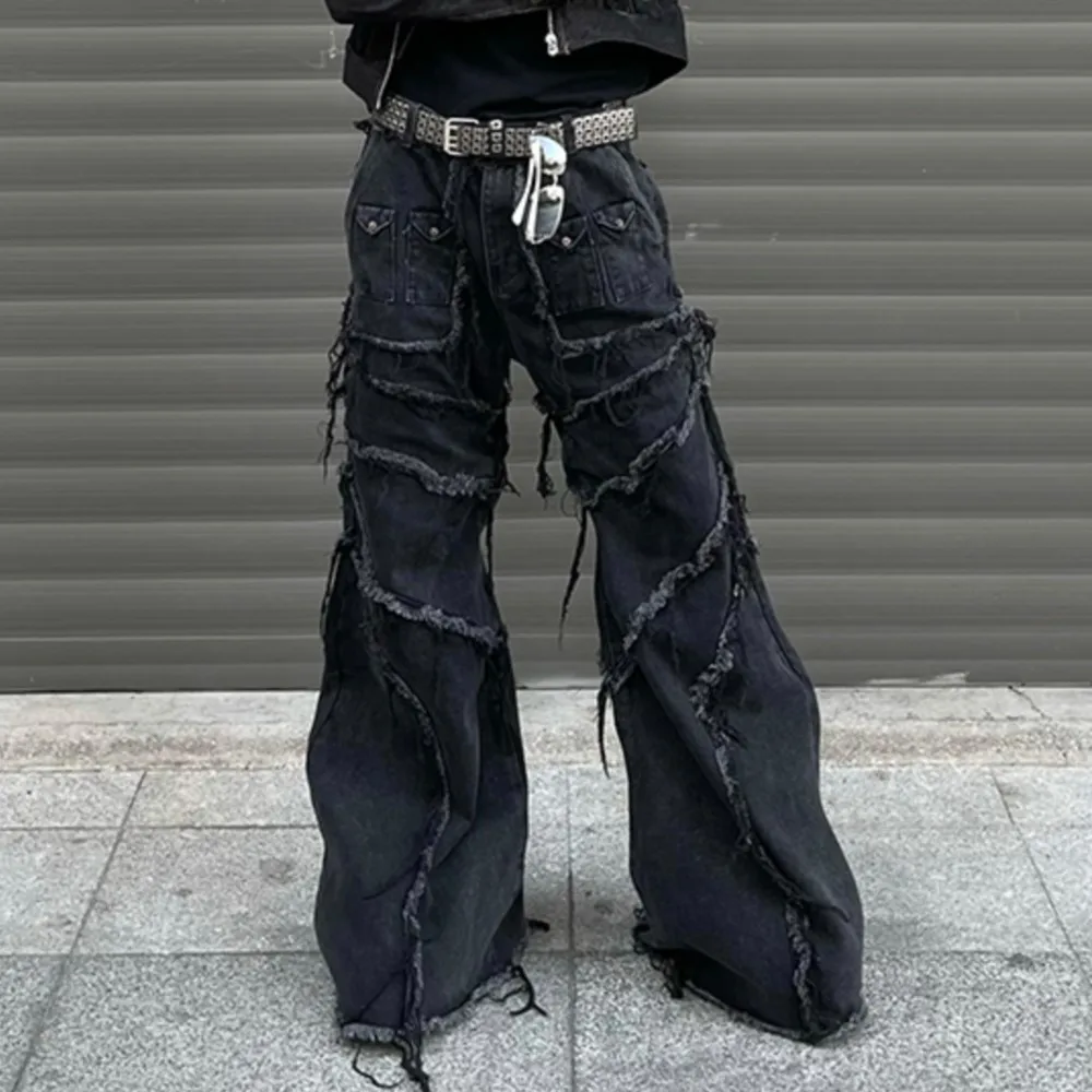 

Dark Avant Garde Style Wasteland Stitching Tassel Wide-Leg Washed Jeans Niche Men's and Women's Ripped Trousers Distressed