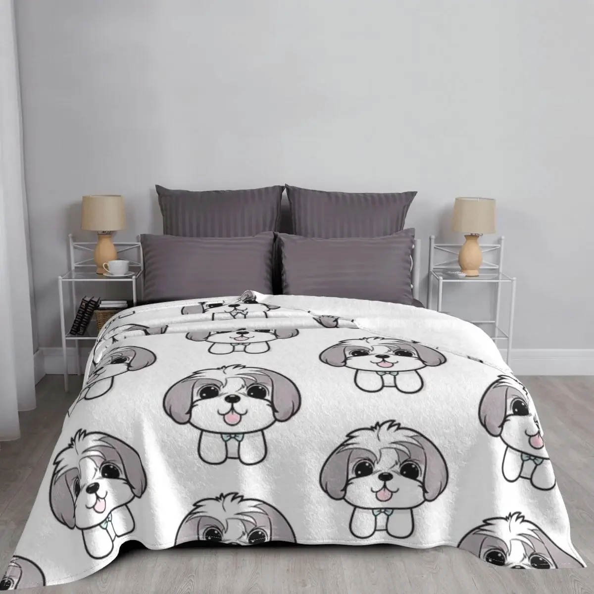 Cute kawaii Shih Tzu Bedspread on the Bed Fleece Blanket Sofa Fluffy Soft Blankets for All Season Bedroom Decoration Throw