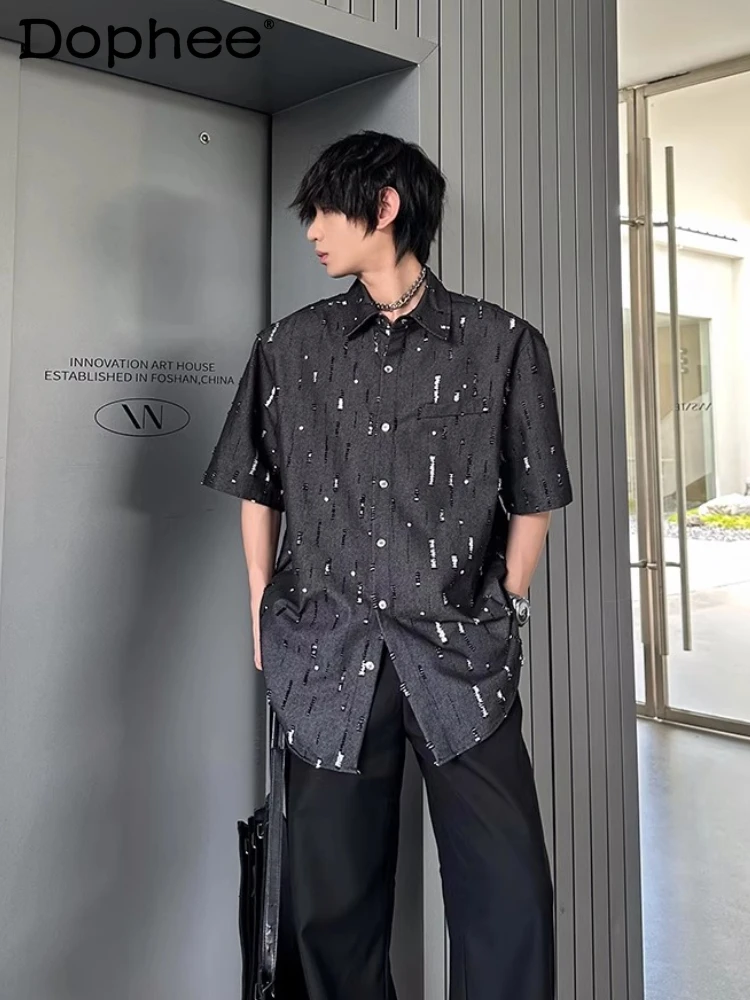 

Fashion Heavy Sequin Versatile Casual Loose Short Sleeve Top 2025 New Design Trendy Retro Denim Shirt for Men
