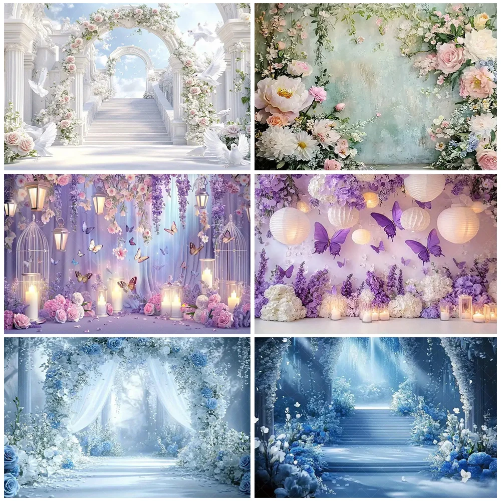 

Floral Arch And French Window Backdrop Butterfly Wedding Photography Background Girl Birthday Party Decorations Baby Shower Prop