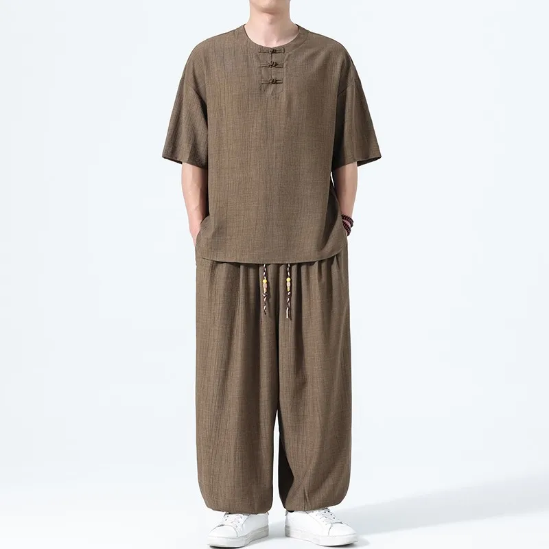 nouvelle-collection-printemps-Ete-ensemble-tang-de-style-chinois-pour-homme-chemise-unie-a-manches-courtes-boutonnee-et-pantalon-decontracte-ample-a-jambes-larges-en-tissu-leger