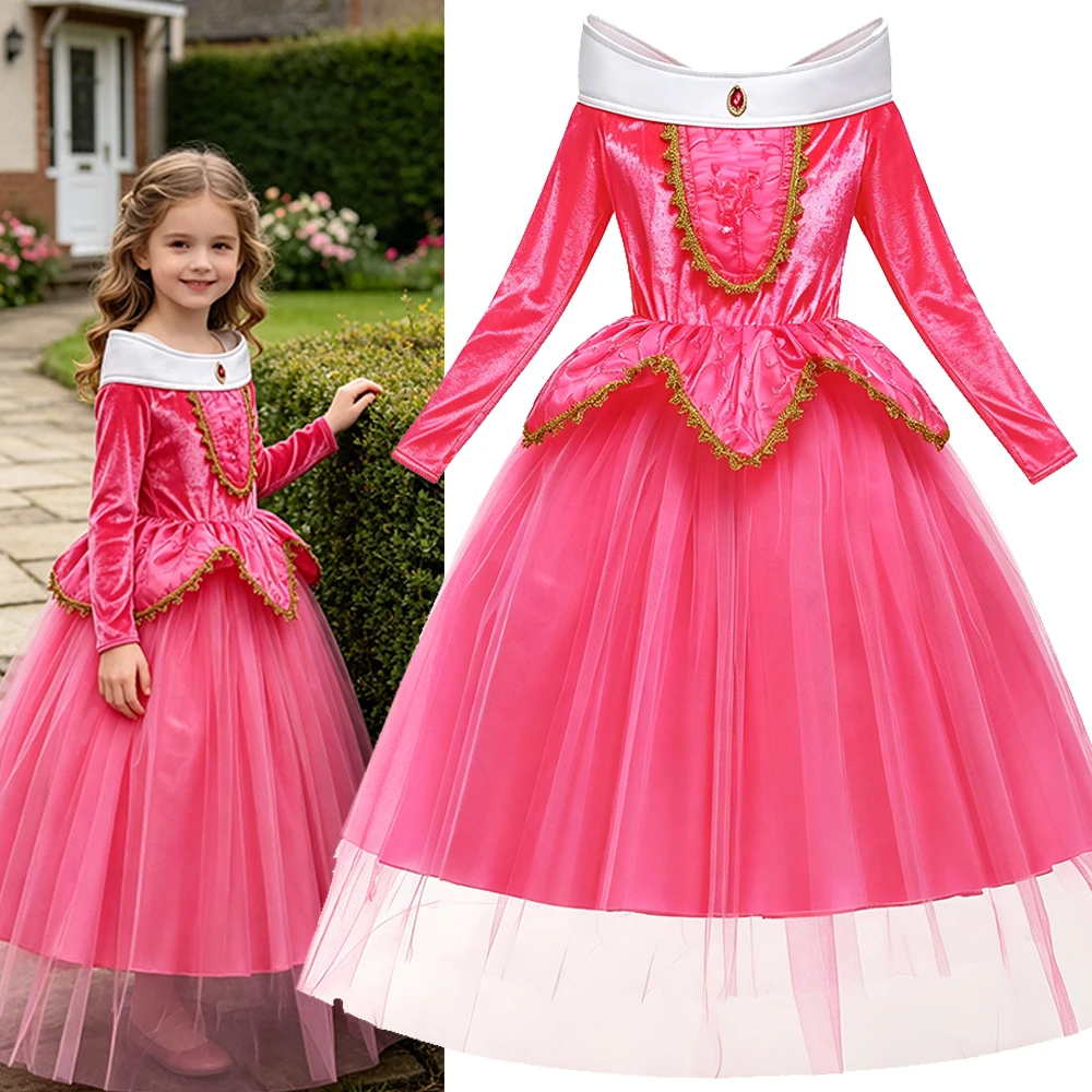 Pink Fairy Costume Kids Birthday Dress Luxury Kids Long Sleeve Gown with Crown Wand Gloves Necklace for Girls Halloween Costumes