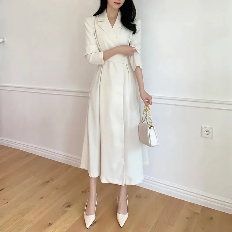 Spring Blazer Lapel Long Coats with Belt Korean Fashion Elegant France Vintage Jacket Female Solid Chic Retro Clothes 2024 New