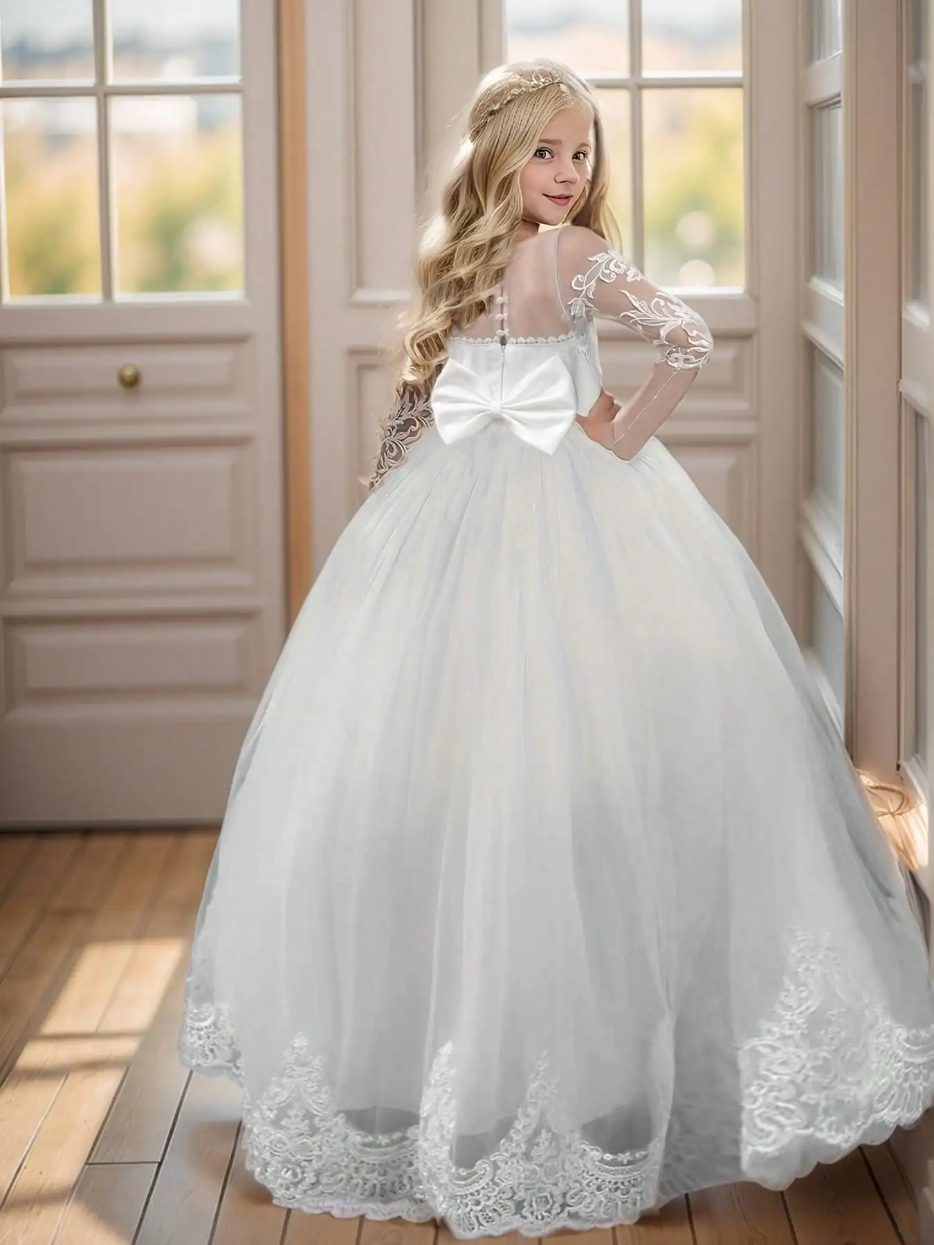 Lace Embroidered Tulle Long-Sleeved Children's Train Flower Girl Dress