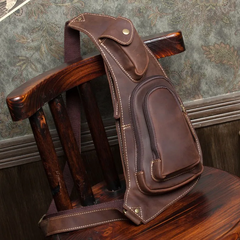 Women's British Vintage Genuine Leather Chest Bag Casual Crazy Horse Leather Handcrafted Cowhide Crossbody Bag