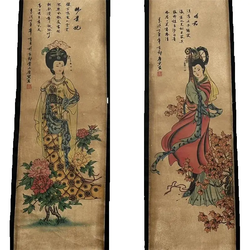 

China old Celebrity Tang Yin's Four Beauties Painting - Traditional Four Screen Scroll Decorative Artwork for Home Or Office