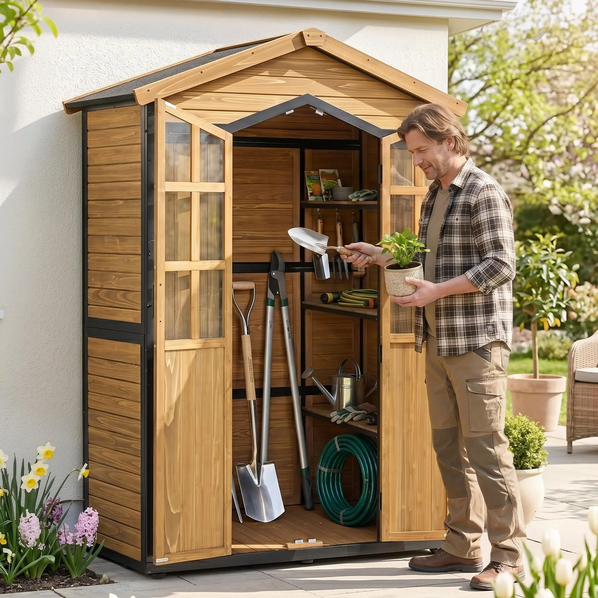Macrout 55 Cu.Ft Outdoor Storage Cabinet with Steel Frame for Garden, Outside Vertical Storage Wood Tool Shed with