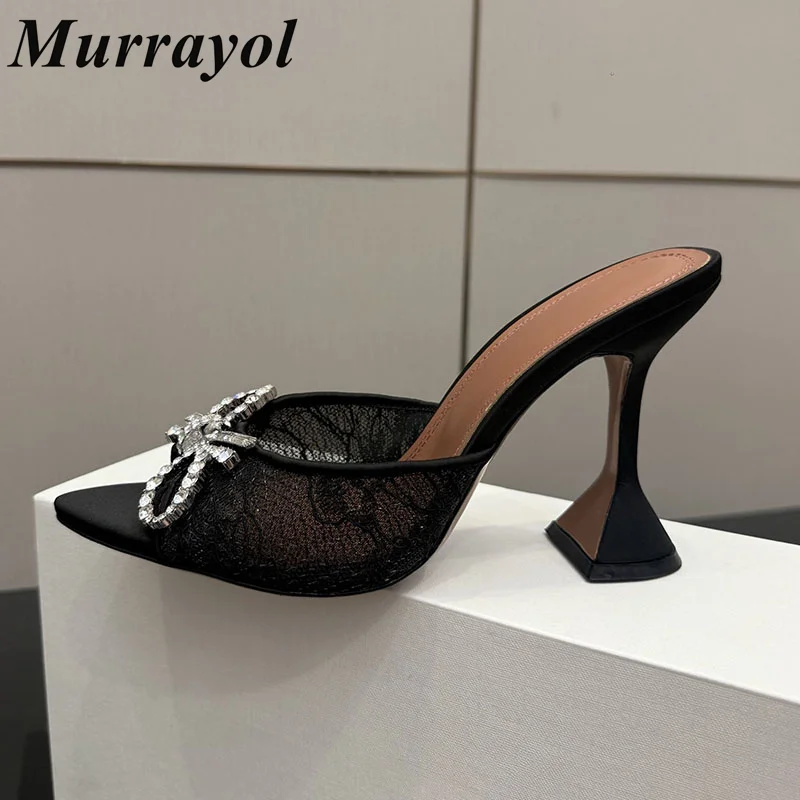 Slippers Women Pointed Toe Sandals Summer  Mesh Bling Crystal Bow Decor Thin High Heel Sandalias Party Banquet Shoes Stiletto