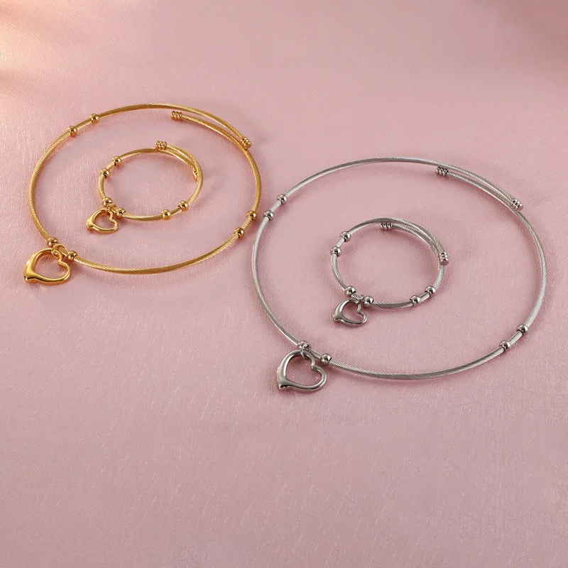 Trend Heart Pendant Bracelets Set for Women Silver Color Ball Beaded Necklace Collar Jewelry