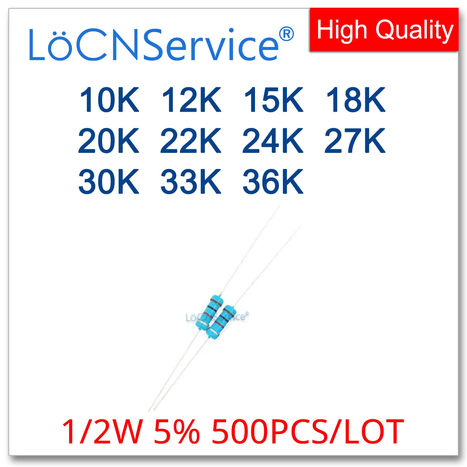 LoCNService 500PCS/LOT 5% 1/2W 10K 12K 15K 18K 20K 22K 24K 27K 30K 33K 36K Carbon Film Resistor DIP OHM