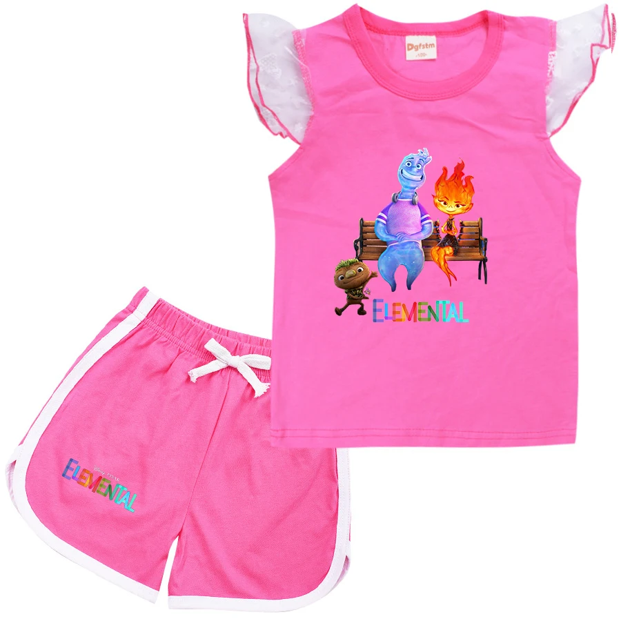 Fashion Summer Girls Baby Clothing Elemental T shirt Set Short Sleeve Children Casual Cartoon Print Tops+Shorts Set