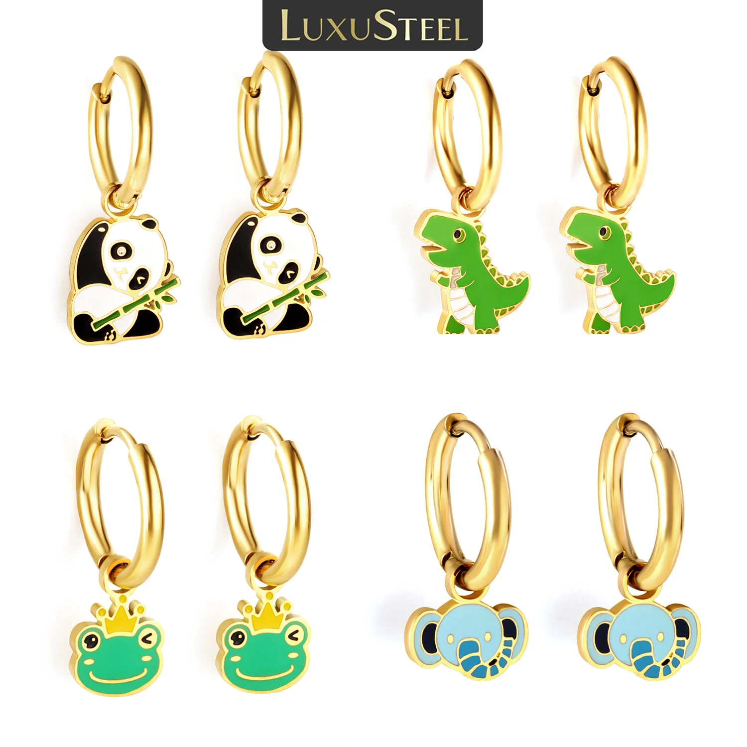 Boucles d'oreilles de luxe style Animal doré pour femmes, en acier inoxydable, Panda, dinosaure, éléphant, grenouille, goutte d'oreille, bijoux