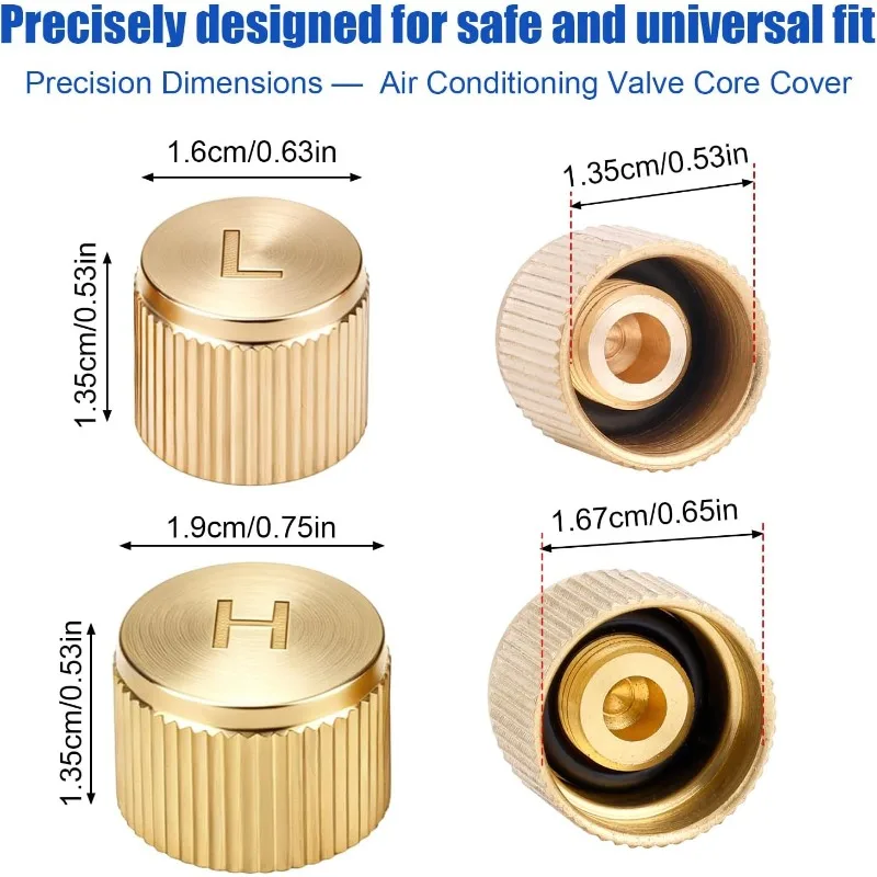 2PCS R134a Brass AC Valve Caps M8x1 Thread High Low Pressure Port Covers Built-in Silicone O-Ring Threaded Air Conditioning