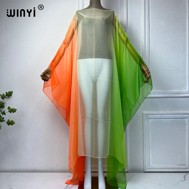 WINYI 2024 new bohemian Perspective sexy dress tulle print kaftan summer women elegant holiday cover up beach women maxi dress