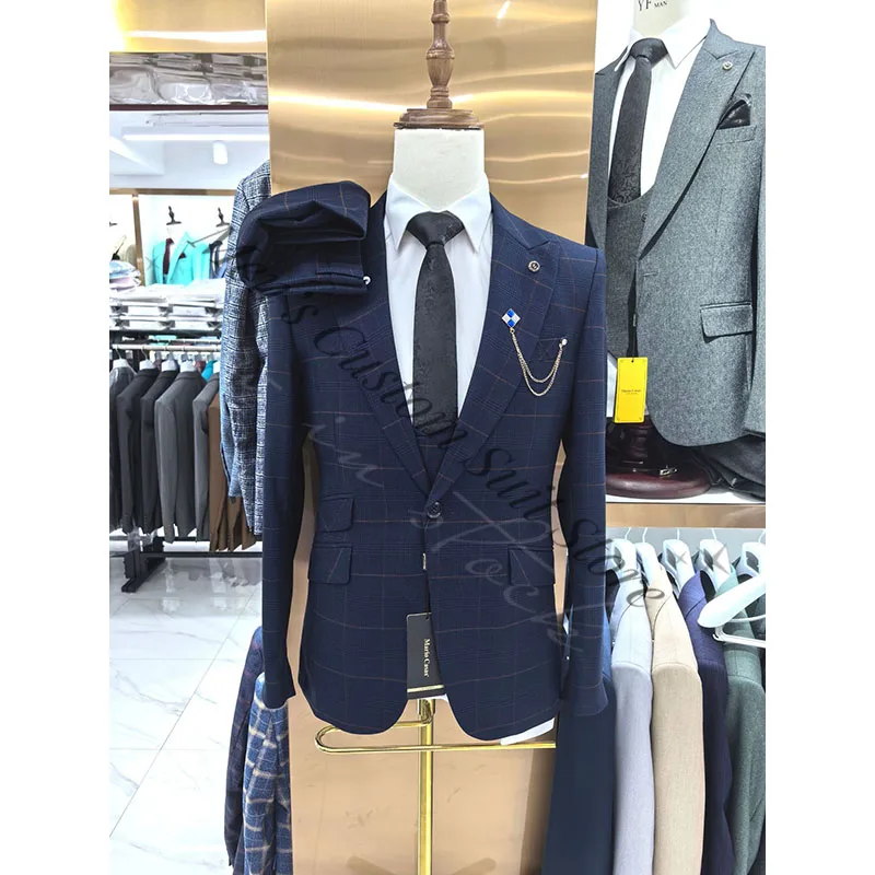 Dark Blue Plaid Full Men's Suits Vintage Wedding 3 Piece Set British Slim Fit Jacket Blazers Coat Trousers Formal Business Wear