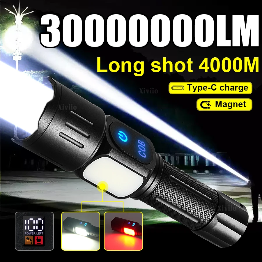 

30000000LM Мощный светодиодный фонарик с ярким зумом, цифровой дисплей, перезаряжаемый, удобный фонарик типа C, походные фонари