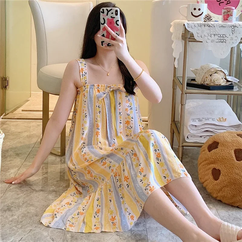 

Suspender Printed Nightgown for Women's Summer Thin Korean Pajamas Cute Dress Home Clothes Nightdress Sexy Nightgowns Sleep Wear