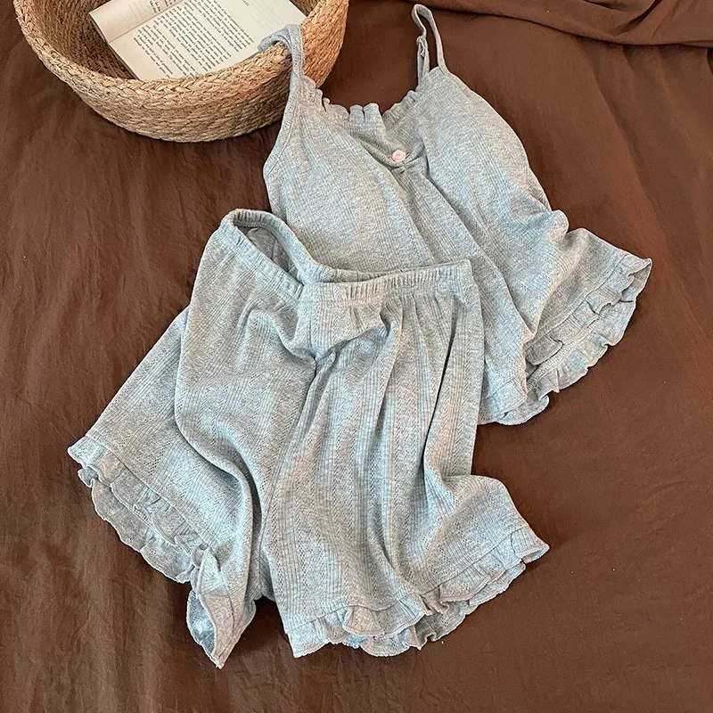 2026 Hot Style Knitted Cotton Pajamas Women’s Solid Color Jacquard Suspender Suit Can Be Weared Outside Sweet Girly Home Clothes