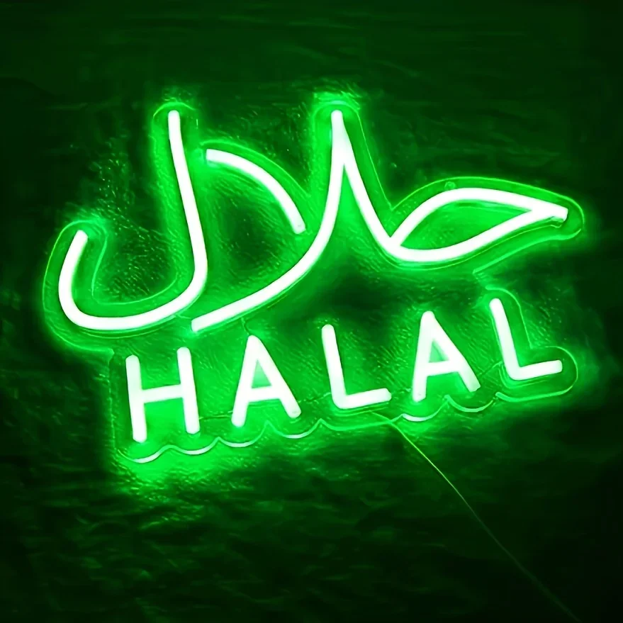 Halal-Leuchtreklame für Wanddekoration, Neonschild, arabisches Restaurant, Nagelstudio, Geschäft, LED-Wandkunst, Fenster, Tür, Halal-Restaurant