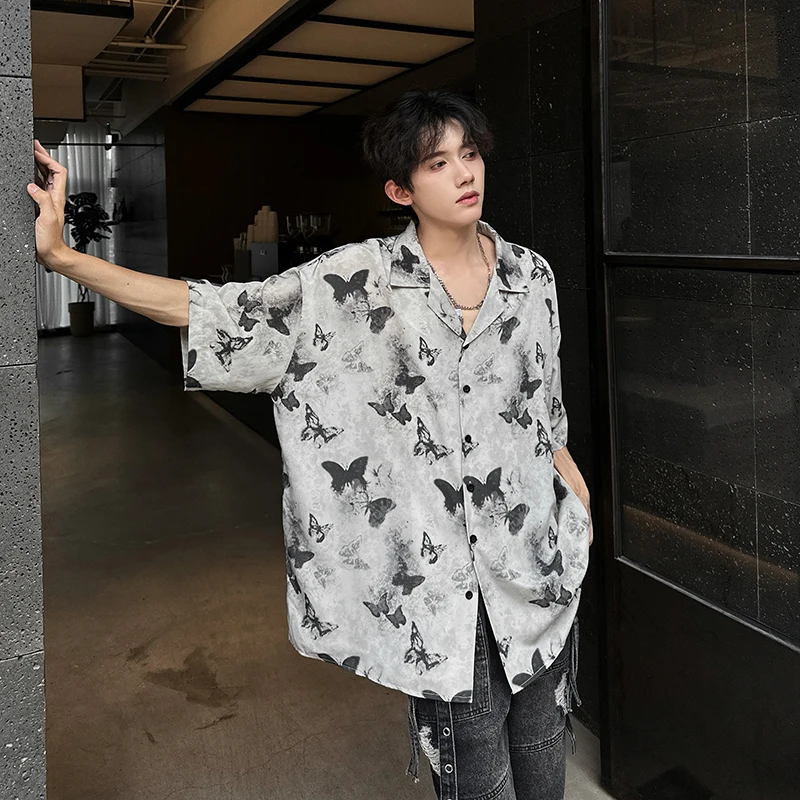 

Summer Butterfly Printed Tie-dye Shirt Men Windsor Collar Loose Casual Short Sleeve Shirts Oversize Streetwear Boy Girl Blouses