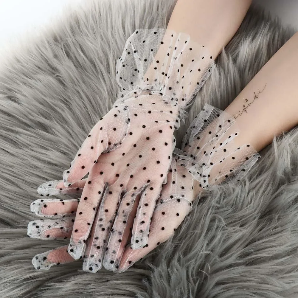 Elegant Ultra Thin Tulle Polka Dot Gloves Transparent Breathable Lace Mesh Gloves Full Finger Wedding Party Mittens UV Sunscreen