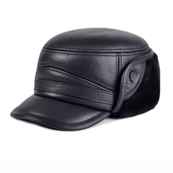 Winter High Quality Genuine Leather Hats Sheepskin Keep Warm Earmuffs Bomber Caps Plus Velvet Thicken Man Bone Caps Dad Hat