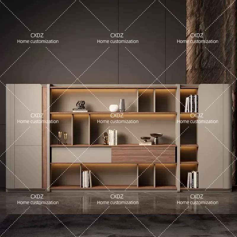 High-grade wood grain texture floor-to-ceiling file cabinet office background cabinet large bookcase light strip display