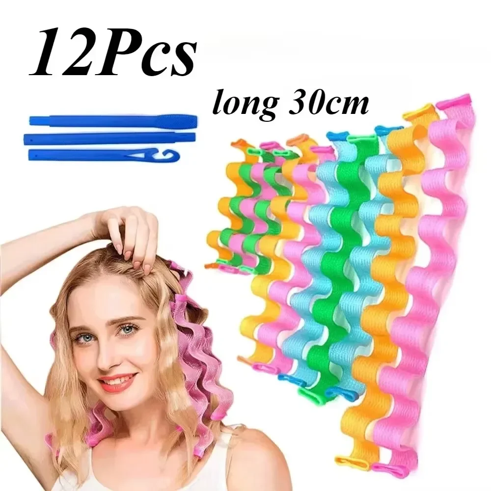 12pcs Heatless Curling Rod Soft Hair Non Damaging Spiral Hair Curler 30CM Flexi No Heat Perm Rod Water Ripple Curls Styling Tool