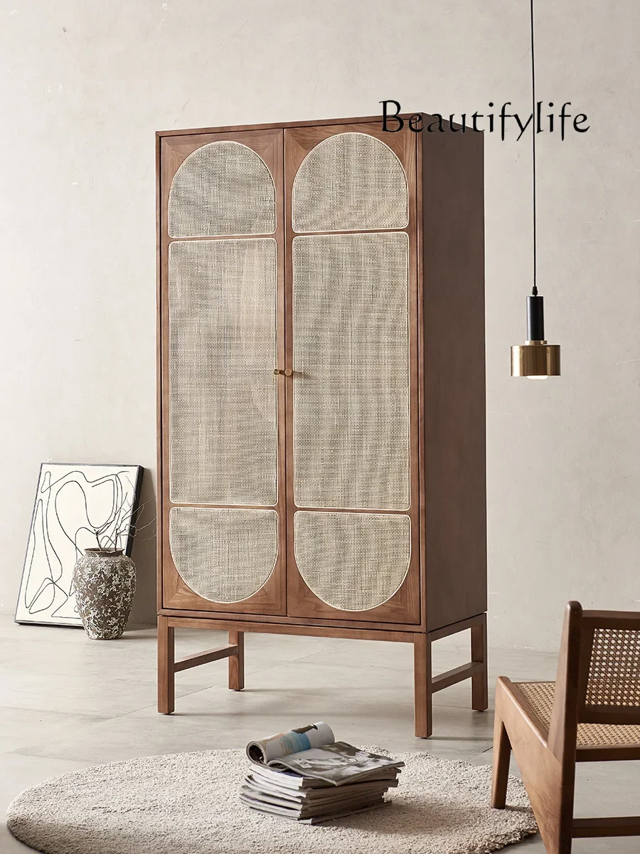 Nordic Solid Wood Rattan Storage Cabinet Simple Modern Retro Bedroom Double Door Clothing Cabinet