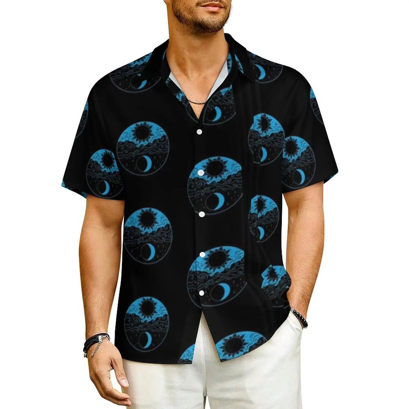 

Symbol Night Day Hawaiian Shirt For Man Vacation Sun And Moon Print Casual Shirts Short Sleeve Fashion Design Plus Size Blouses