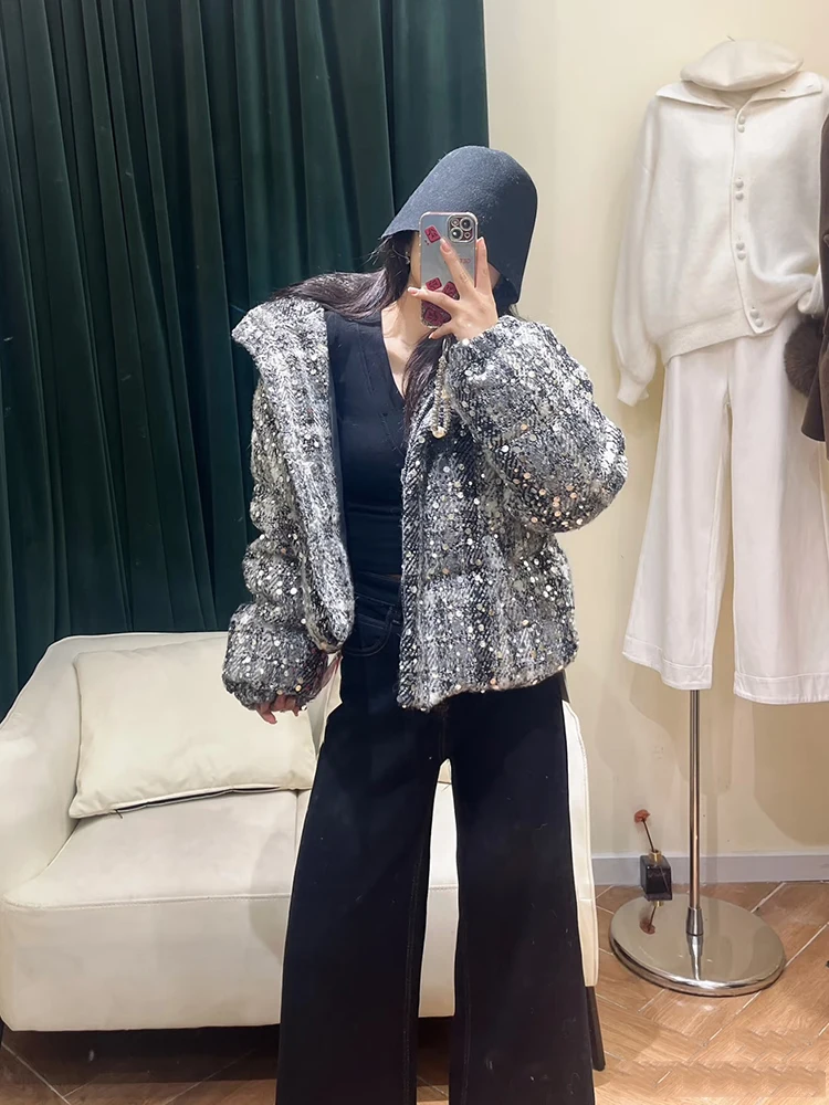 

Зимний пушистый твидовый пуховик с блестками и воротником-стойкой, женский теплый паркер, хлопковая верхняя одежда, женские куртки на белом утином пуху на молнии