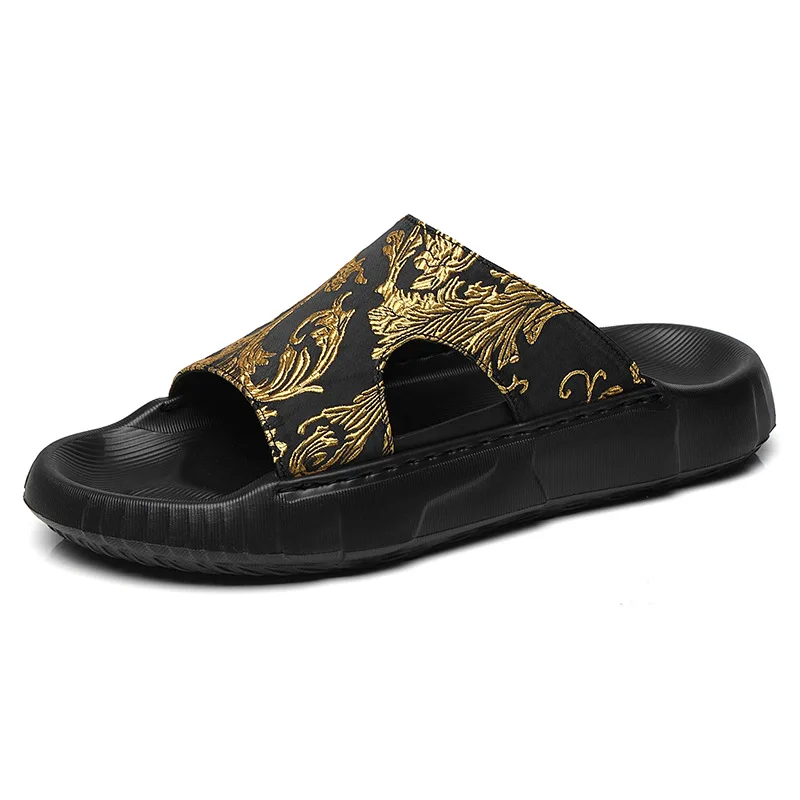 

Летняя обувь для мужчин: кожаные шлепанцы с цветочной вышивкой, повседневные сандалии, модные пляжные туфли, уличная мода.