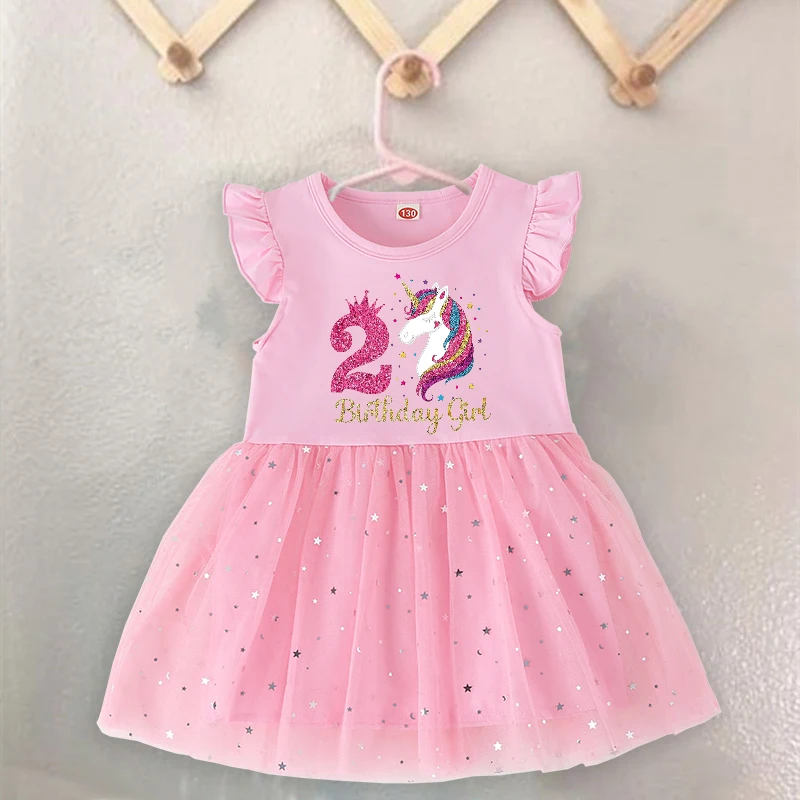 Unicorn Birthday Shirt 1-4 Birthday Little Girls Dress Kids Pink Princess Tutu Toddler Dresses Infant Birthday Party Outfits